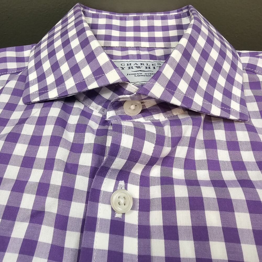 Charles Tyrwhitt Dress Shirt 15/33 Purple Gingham Check Plaid French Cuff Work - Picture 5 of 11
